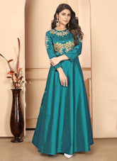 Turquoise Color Silk Embroidered Ethnic Gown