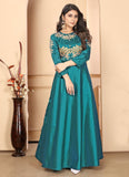 Turquoise Color Silk Embroidered Ethnic Gown