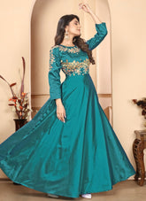 Turquoise Color Silk Embroidered Ethnic Gown