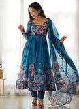Turquoise Organza Anarkali Suit Set with Gota Patti Dupatta