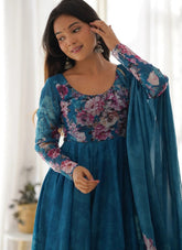 Turquoise Organza Anarkali Suit Set | Ready to Wear