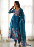 Turquoise (Firozi) organza Anarkali suit set with elegant print, 4-metre kali-cut flare, gota patti lace dupatta and fully stitched pants.