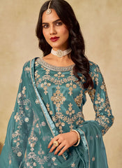Stunning Turquoise Sequins Embroidered Net Sharara Dress with Satin Inner | Party & Wedding Sharara Outfit