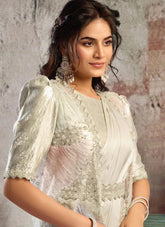 Party wear tussar ready to wear saree with shrug and belt