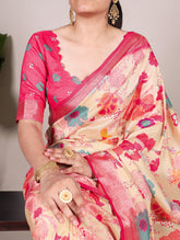 Cream tussar silk floral printed saree