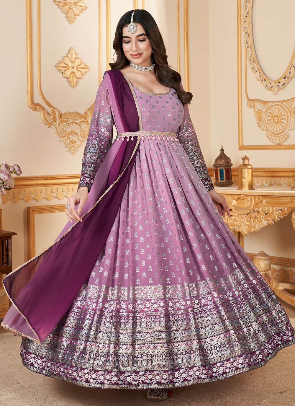 Two Tone Faux Georgette Foil Work Traditional Wear Dress