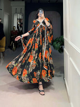 Orange Color Floral Printed And Paper Mirror Lace Georgette Gown