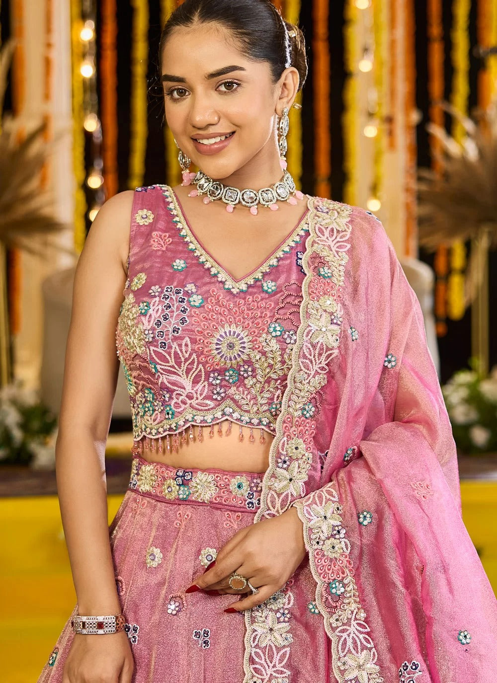 Elegant Pink Satin Silk Bridal Lehenga Choli with Dupatta