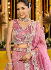 Elegant Pink Satin Silk Bridal Lehenga Choli with Dupatta