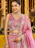 Elegant Pink Satin Silk Bridal Lehenga Choli with Dupatta