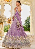 V-Neck Purple Satin Silk Blouse with Bridal Lehenga