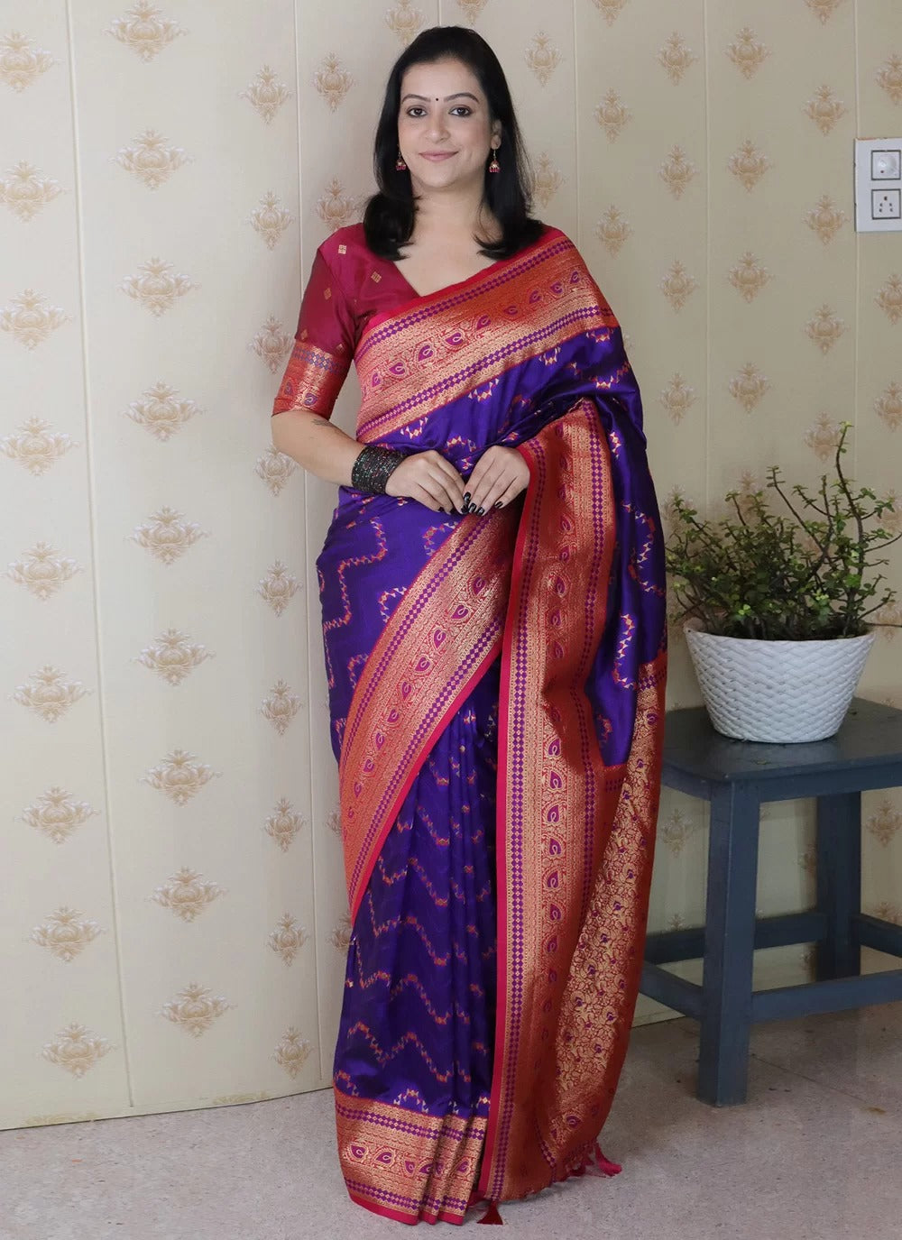 Designer Banarasi Silk Saree in Violet | Soft Silk Zari Work