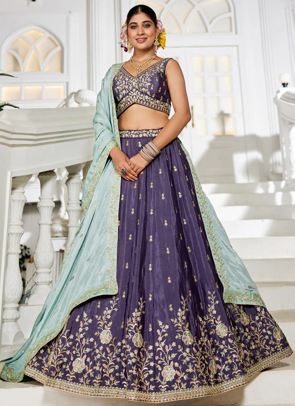Gorgeous Violet Sequins Work Poly Chiffon Bridesmaid Lehenga Choli With Sea Green Dupatta