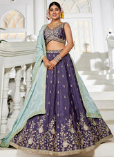 Gorgeous Violet Sequins Work Poly Chiffon Bridesmaid Lehenga Choli With Sea Green Dupatta