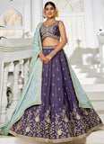 Gorgeous Violet Sequins Work Poly Chiffon Bridesmaid Lehenga Choli With Sea Green Dupatta