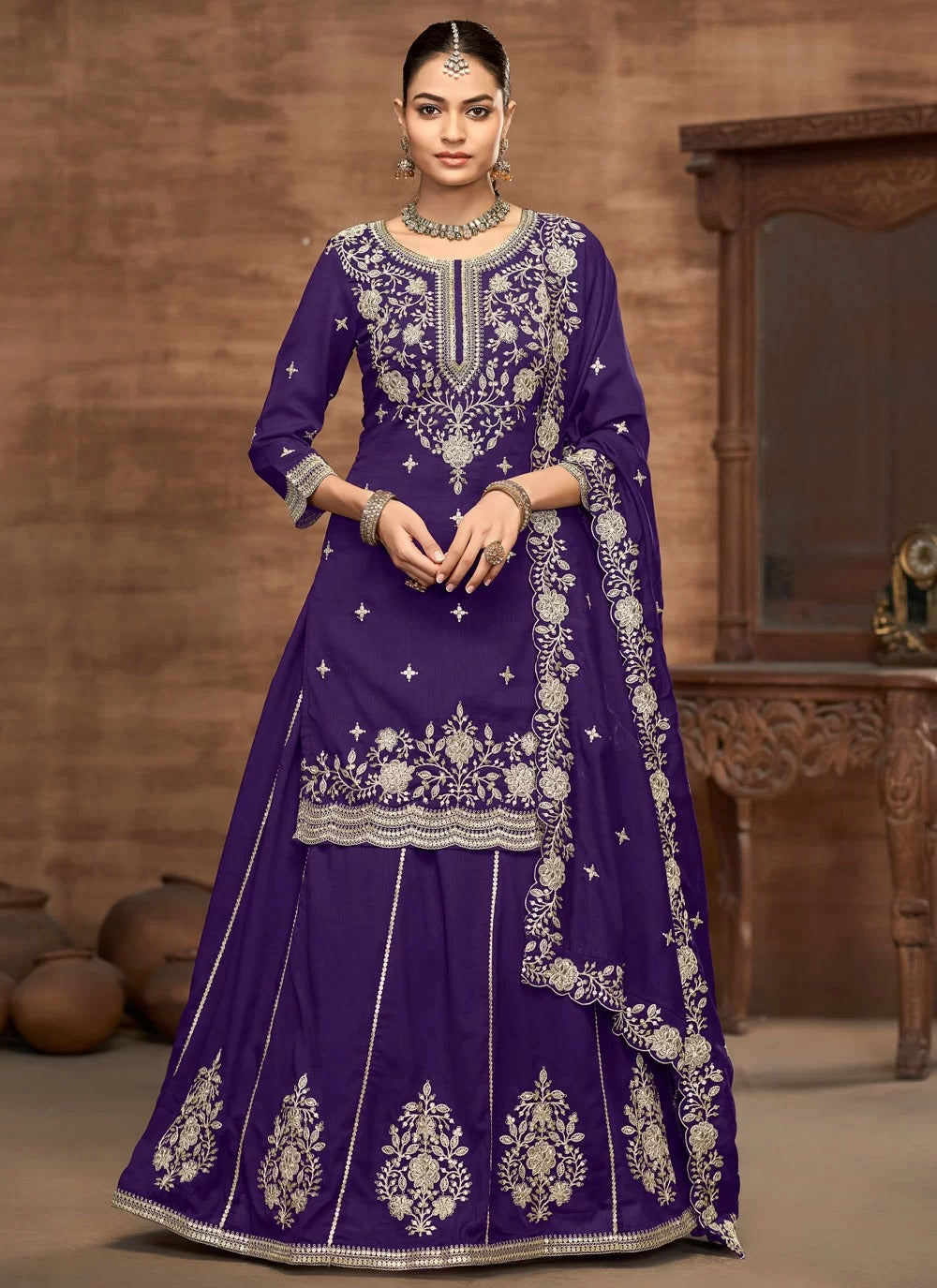 Designer Wedding Lehenga for Women | Violet Silk Lehenga Set