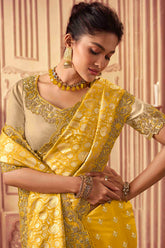 Viscose Silk Resham And Sequins Embroidered Indian Party Wear Saree in Yellow