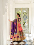 Peach Color Kalamkari Print With Weaving Border Dola Silk Lehenga Choli