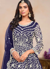 Royal blue embroidered Anarkali suit with net dupatta