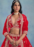 Woman in a red embroidered traditional outfit with gold details against a blue background