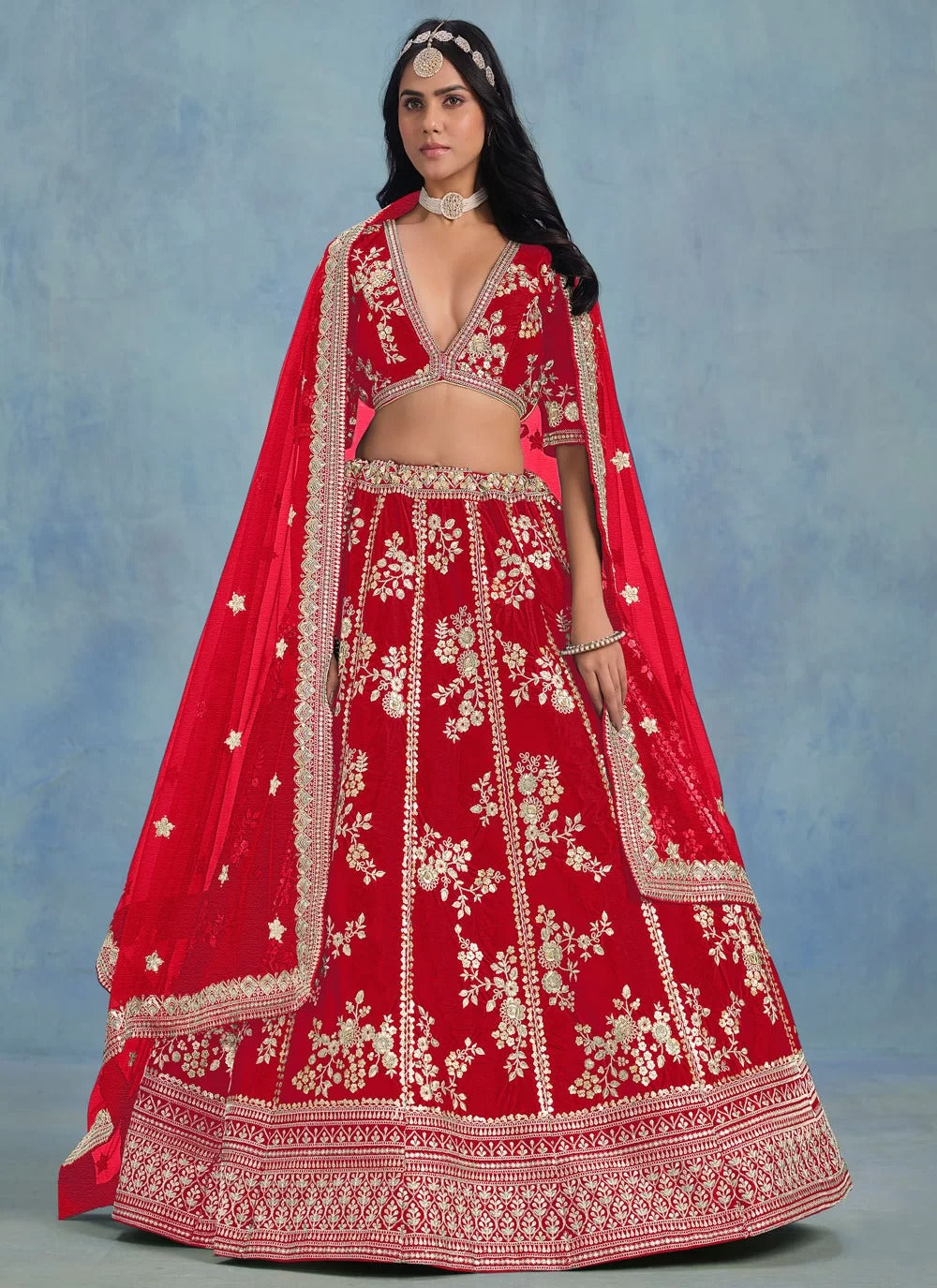 Wedding Red Art Silk Embroidered Sangeet Lehenga with Can-Can Inside
