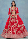 Wedding Red Embroidered Art Silk Sangeet Lehenga with Net Dupatta