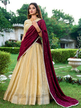 Cream Color Zari Weaving Work Kanchipuram South Indian Lehenga Choli