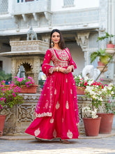 Pink Color Sequins And Thread Embroidery Work With Lace Border Vichitra Silk Gown