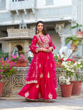Pink Color Sequins And Thread Embroidery Work With Lace Border Vichitra Silk Gown