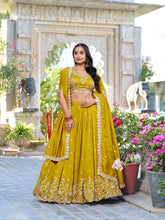 Mustard Color Sequins And Thread Embroidery Work With Vichitra Silk Lehenga Choli