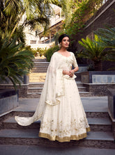 Silver glossy lehenga with thread embroidery and foil work