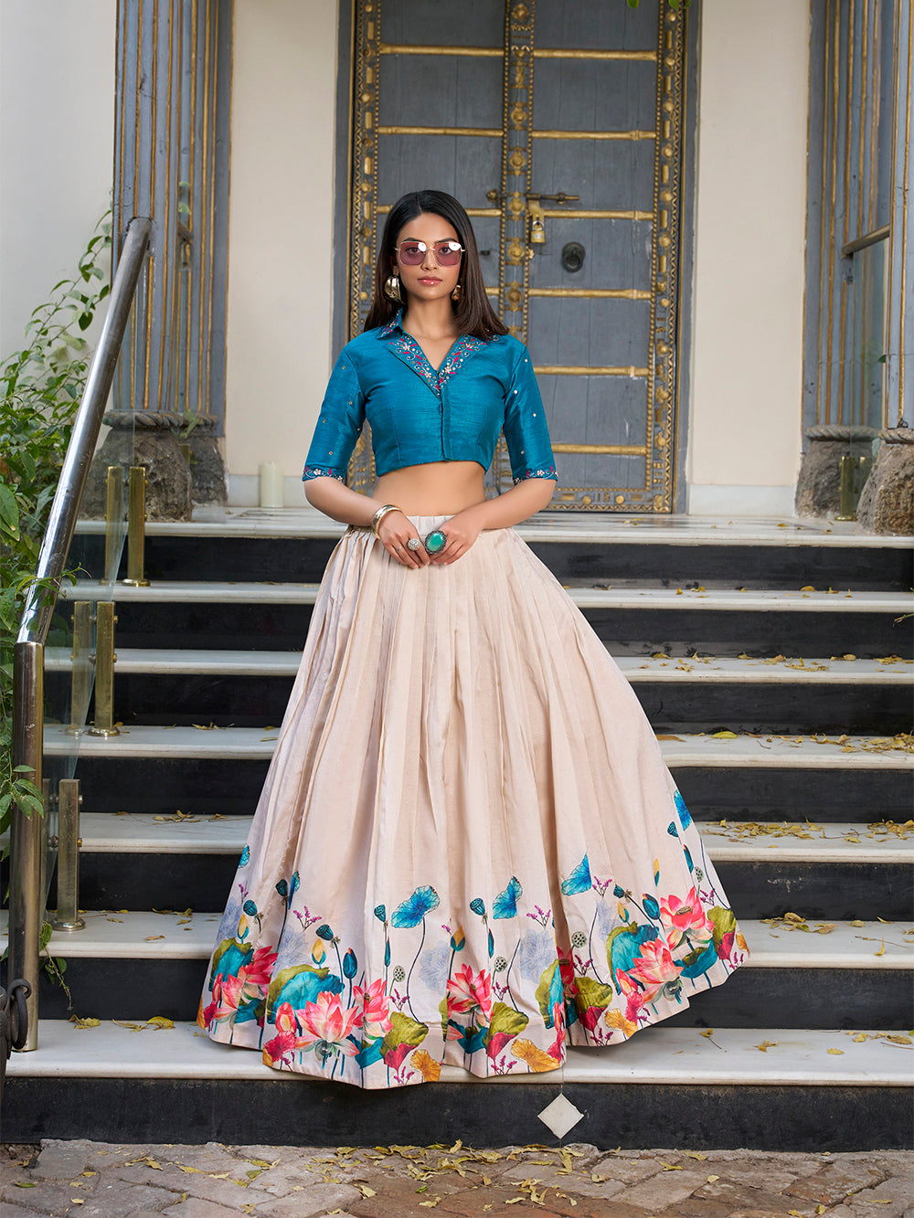 Off-white Tasar silk floral print lehenga choli