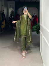 Olive Green Color Sequins And Thread Embroidery Work Gold Coin Salwar Suit