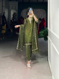 Olive Green Color Sequins And Thread Embroidery Work Gold Coin Salwar Suit
