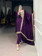 Purple Color Sequins And Thread Embroidery Work Vichitra Silk Salwar Suit