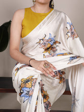 Floral printed off white saree with yellow blouse
