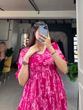 Pink Color Floral Print Georgette Dress