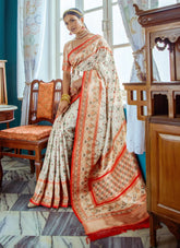 White Banarasi Silk Patola Saree With Fancy Meenakari and Zari Work
