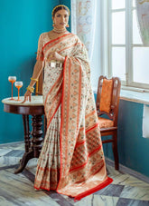 White Banarasi Silk Patola Saree With Fancy Meenakari and Zari Work