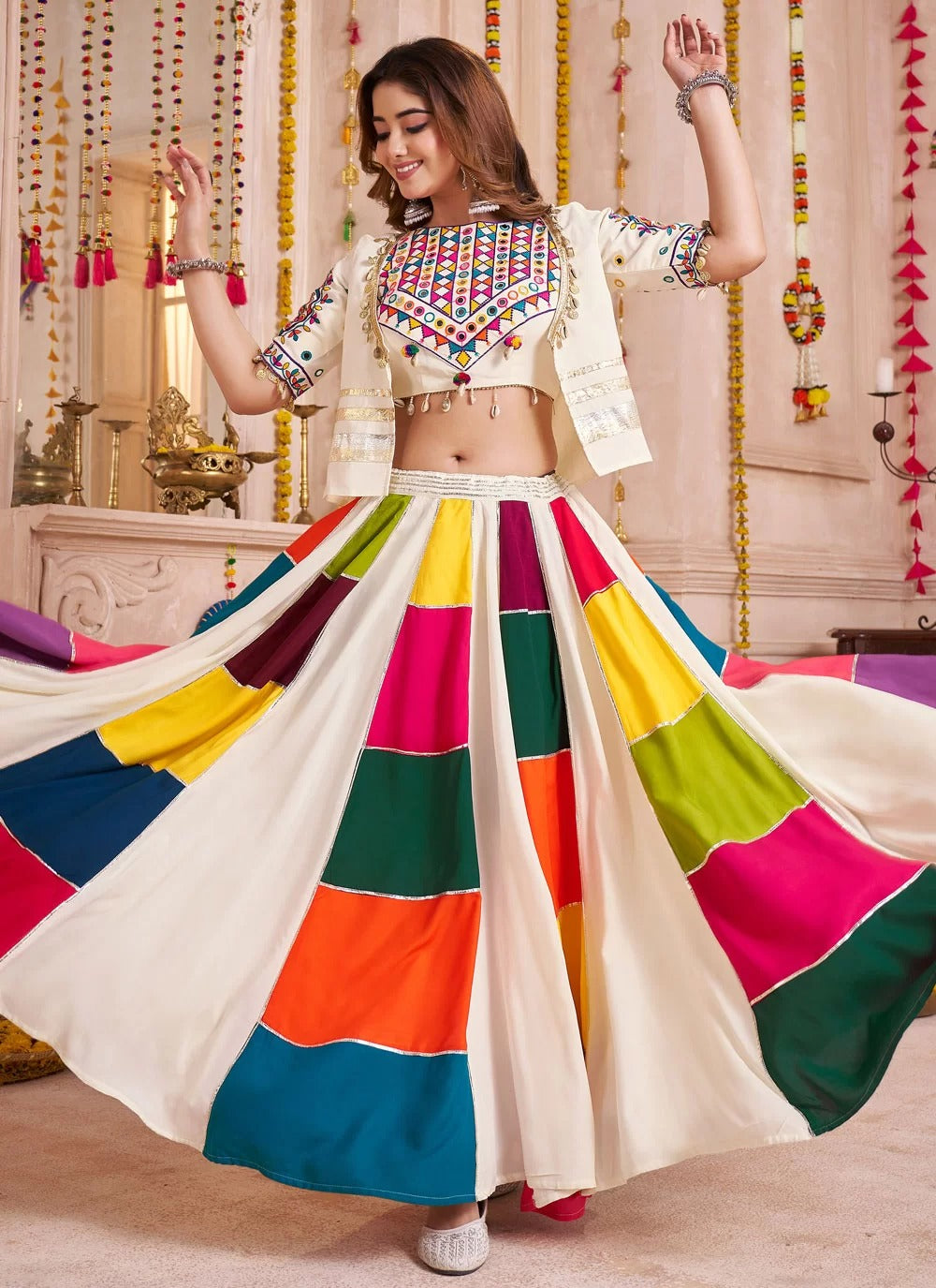 Multi color jacket style Navratri chaniya choli with mirror work