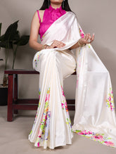 White satin silk floral saree