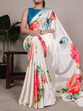 White floral printed satin silk saree