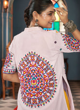 White Embroidered Viscose Rayon Jacket Style Navratri Choli with Waist Belt and Latkan