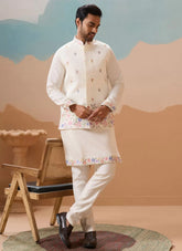White koti kurta pajama for men in viscose silk with embroidery