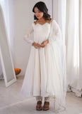 White designer Anarkali suit with lace yoke and mirror lace dupatta