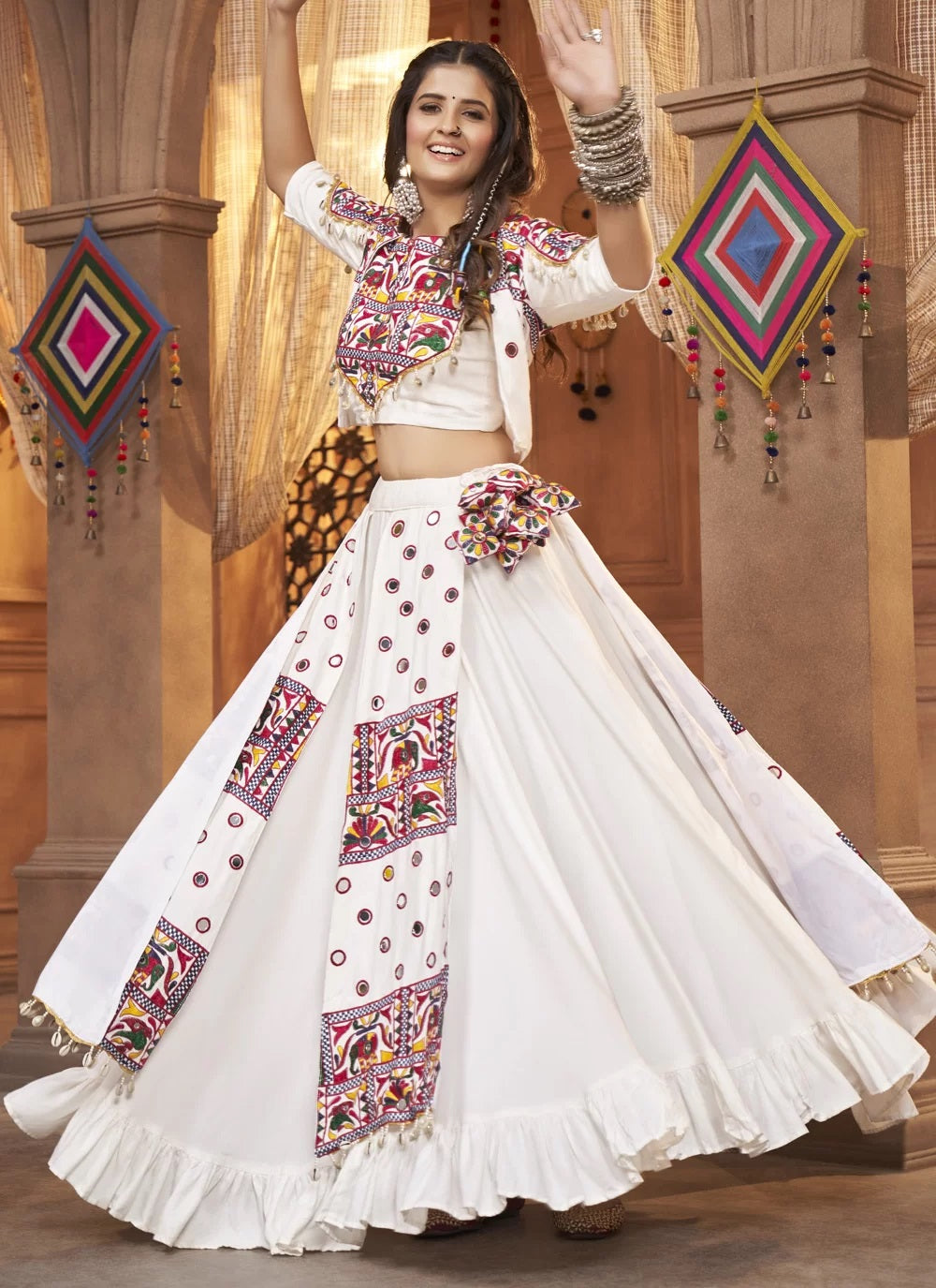 White Mirror Work Viscose Rayon Navratri Ethnic Wear