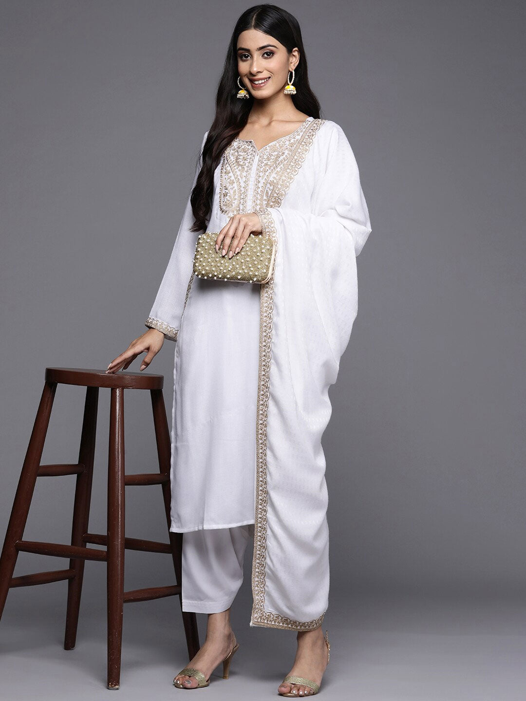 White Pashmina Ethnic Wear Salwar Suit Set for Women