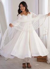 White luxury Roman Silk Chanderi Anarkali suit with net dupatta