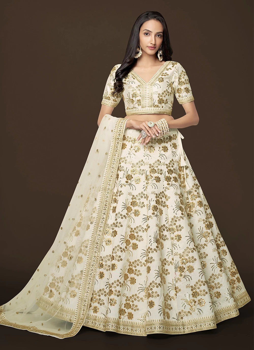 White Silk Zari sequins Embroidered Lehenga For Women Party wear