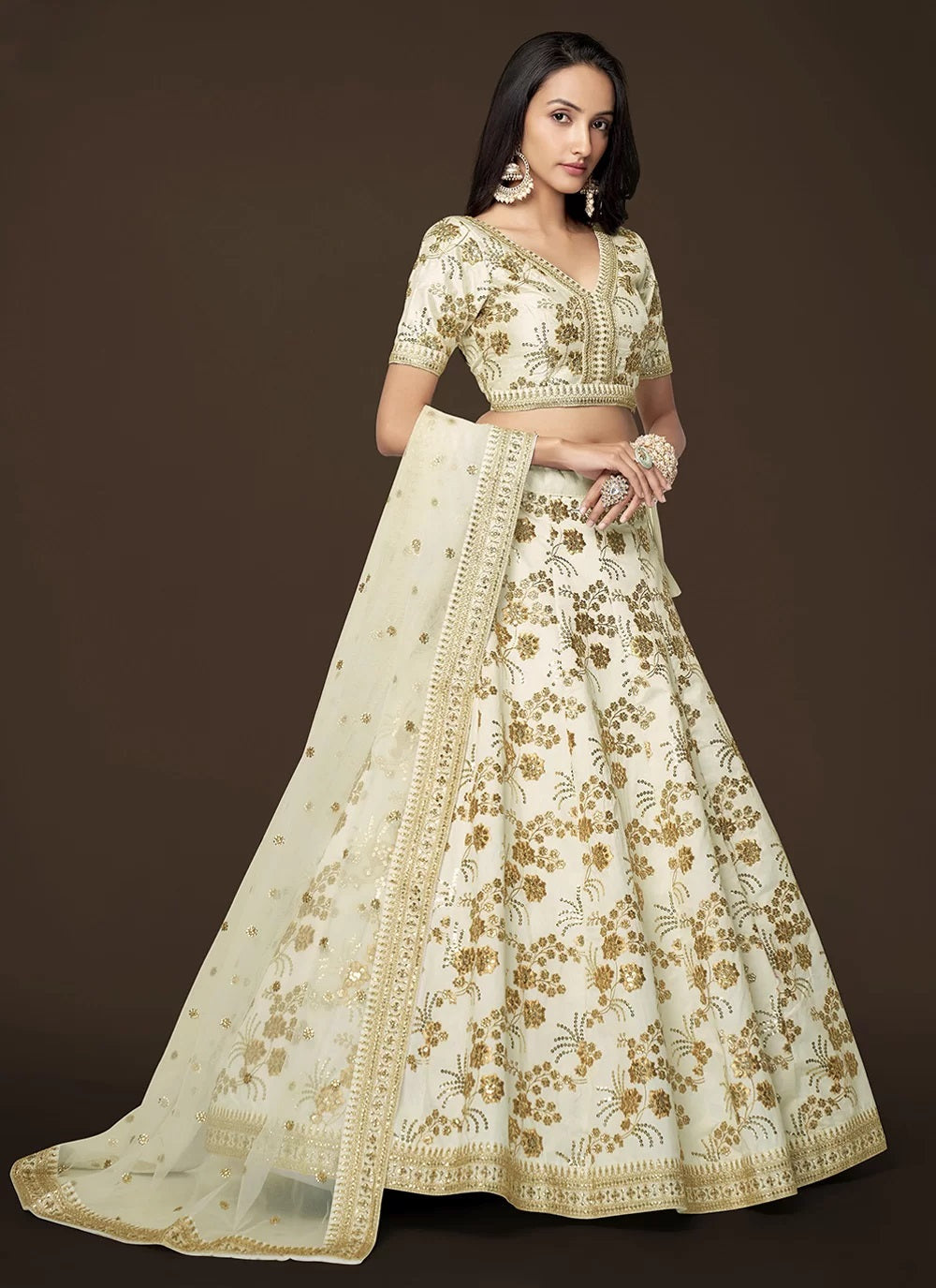 White Silk Zari sequins Embroidered Lehenga For Women Party wear